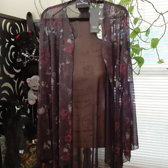 Killstar Tops - KILLSTAR 4X FAIRY MOSS MESH COVER UP RED/BLACK SCULLS,ROSES,BATS PRINT